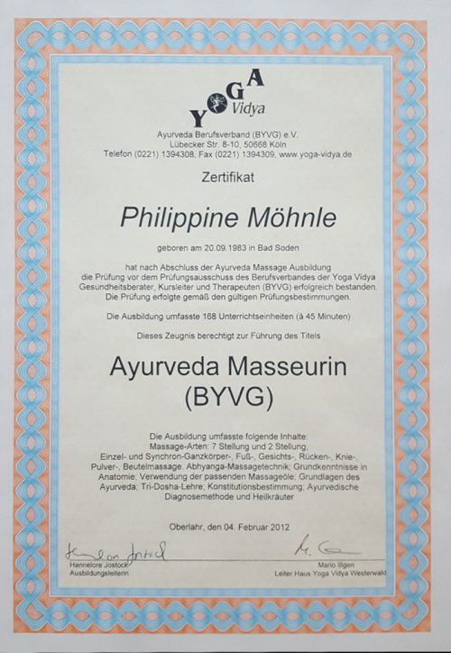 Zertifikat Ayurveda Masseurin Zertifikat
